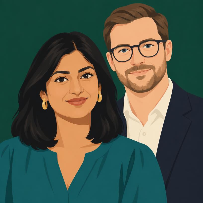 Illustrated portrait of Priya & Tom